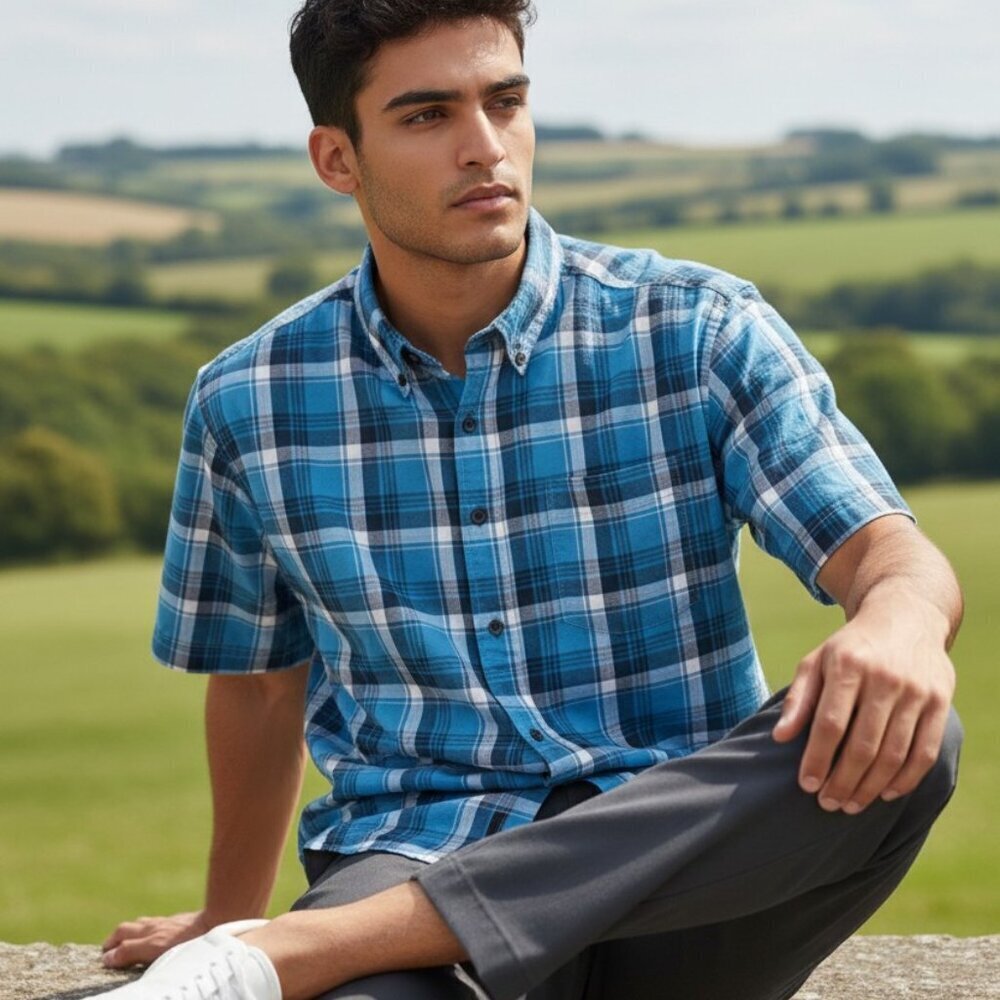 Marks & Spencer Blue Harbour Blue Gray Plaid Mens Medium Shirt